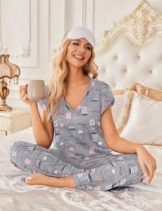 2 packs de vêtements de nuit décontractés à manches courtes pour femmes-Top pantalon au genou Super-Soft Printed Simple Sexy Plain Dyed for Spring - Product Image 2