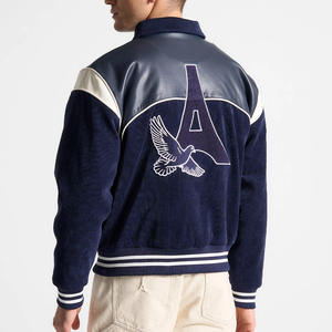 Veste universitaire à capuche bleu marine avec bandes à col montant en cuir végétalien Épaule Logos de broderie personnalisés Séchage rapide Respirant - Product Image 6