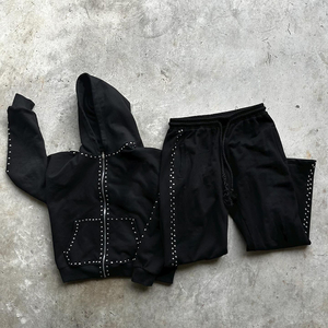 Venta caliente 100% algodón estilo hombres suelta cremallera hasta chándal para hombres precio al por mayor primavera otoño Casual Sudadera con capucha y pantalones conjunto - Product Image 3