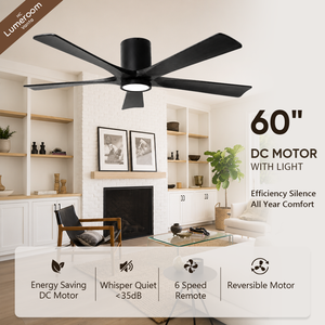 60 Inch Flush Mount Ceiling Fan with <b>Light</b> and <b>Remote</b>, Solid Wood Blade Smart Ceiling Fan with Quiet DC Motor - Product Image 1