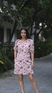 Women's Short Sleeve V Neck Cotton <b>Dress</b> Stylish Floral and Solid Pattern Fit and Flare for Summer and Autumn - Product Image 3