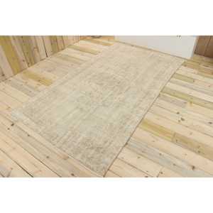 พรมขนสัตว์ตุรกีวินเทจขนาด 4.6x8 ฟุต เป็นมิตรกับสิ่งแวดล้อม สีเบจ ลายปะติดปะต่อ ด้านหลังเป็นยางลาเท็กซ์ - Product Image 1