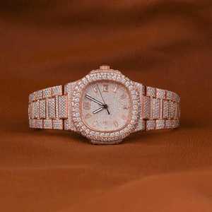 Elegante reloj mecánico analógico de diamante de moissanita de oro rosa completamente helado banda de acero inoxidable Baguette Dial nuevo reloj de lanzamiento - Product Image 1