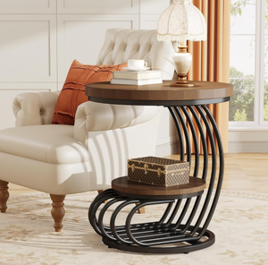 Mesa auxiliar redonda moderna con marco de Metal de 2 niveles, muebles de café para sala de estar contemporánea, mesa auxiliar para sofá de exportación artesanal para el hogar - Product Image 3