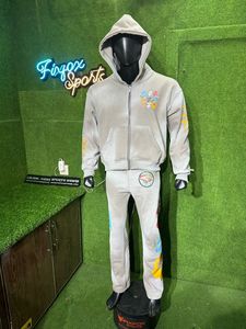 2025 High Quality Fleece 100% Cotton Fleece 2 Piece Zipper Cropped <b>Drop</b> Shoulder Tracksuit for Men with Screen Printed logo - Product Image 5