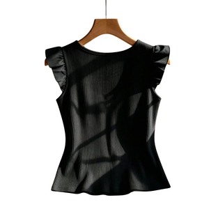Blusa de verano casual para mujer, de punto acanalado, con pliegues, manga con volantes, botones frontales, cintura ajustada y cuello cuadrado - Product Image 2