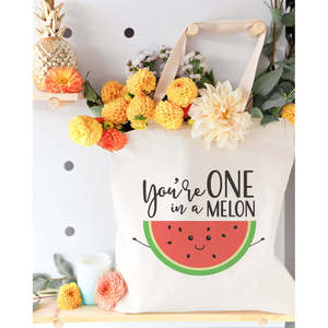 You're One Melon Cotton Canvas Tote Bag Durable Eco-Friendly Beach Bag Cartoon Letter Screen 12oz Medium Washable for PC - Product Image 3