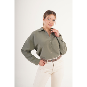 Blusa Holgada de Modal para Mujer, Marca Lustrin, Diseño Minimalista con Rayas Color Caqui, Ideal para Oficina y Uso Diario - Product Image 1