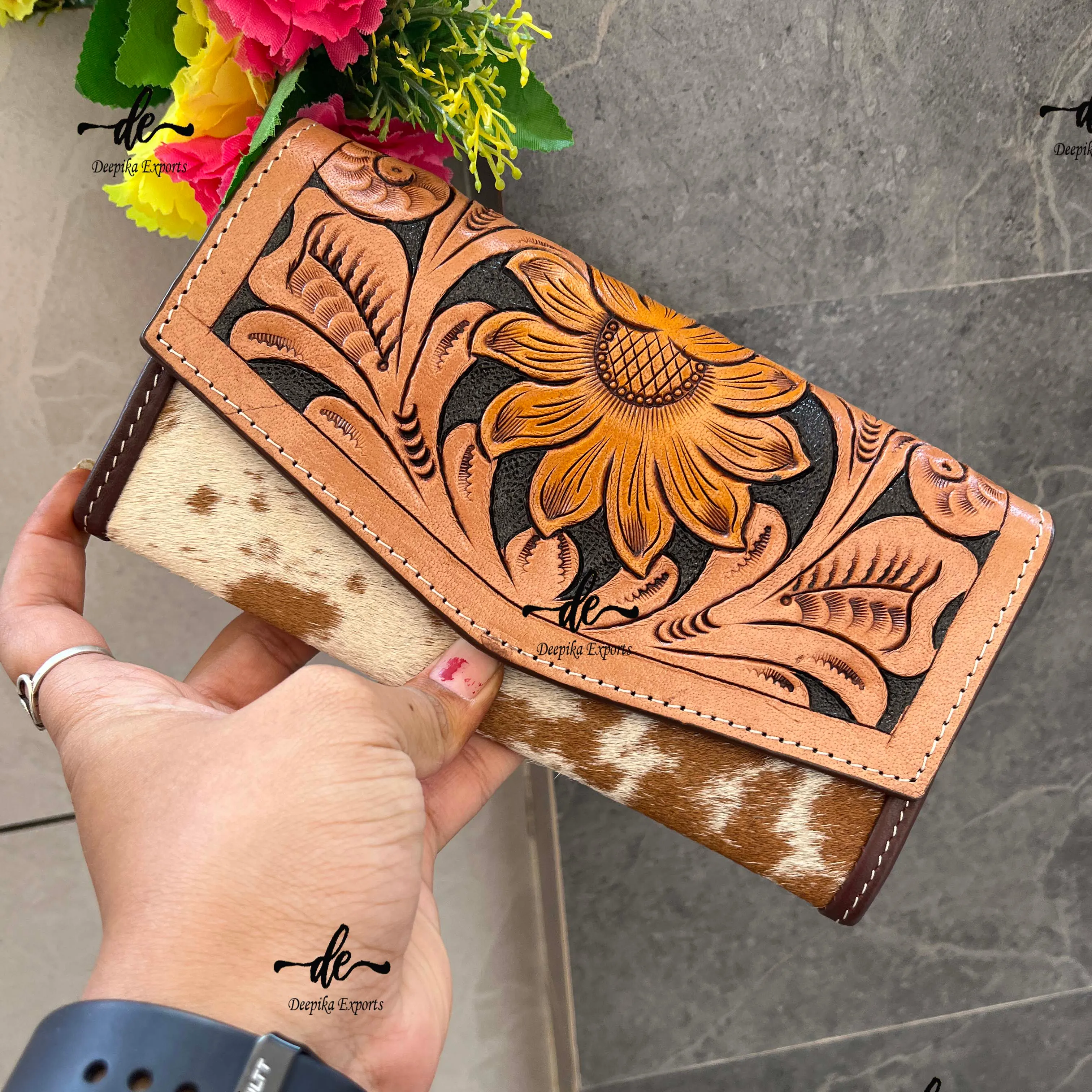 Cowhide Flap Wallet For Women Hand Tooled Leather Purse Clutch Card Phone Case Western Sun Flower Clutch For Women's
