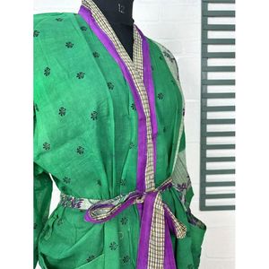 Vintage <b>Kimono</b> Open Jacket Recycled Pure Cotton Boho Summer Tie-Dye House Robe Green <b>Purple</b> Floral Style Swimsuit Cover Ups - Product Image 4
