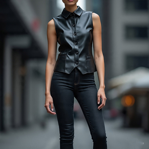 Chaleco de cuero sin mangas con botones y cremallera para mujer - Product Image 5