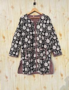 Chaqueta de algodón de Jersey acolchado con estampado de bloque de mano indio para mujer, estampado Floral, prendas de vestir exteriores informales, botones, Reversible para todas las estaciones - Product Image 1