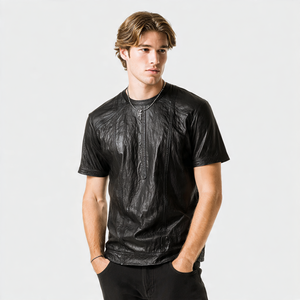 เสื้อยืดหนังแฟชั่นคอกลมสำหรับผู้ชายเสื้อยืดลำลองแขนสั้นเสื้อยืดหนังแท้สำหรับผู้ชาย - Product Image 4