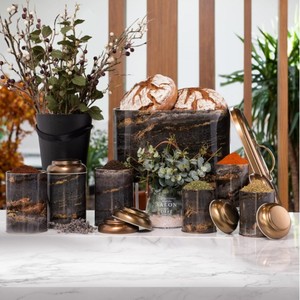 Juego de cocina de caja de lata redonda de 7 piezas, tapa de cúpula, diseño de roca y roca dorada y dorada - Product Image 1