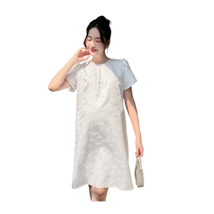 ชุดเดรสลำลองสำหรับคุณแม่, ชุดเดรส V1223แขนสั้นผ้าชีฟองเนื้อนุ่มปักลายผูกโบว์ผ้าคอตตอนเนื้อนุ่มกันไฟฟ้าสถิตสำหรับฤดูร้อน - Product Image 1