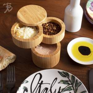 Cave à sel triple, boîte de rangement de sel et de poivre de cuisine en bambou à 3 niveaux avec couvercles pivotants magnétiques - Product Image 2