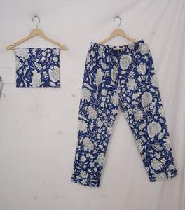 Conjunto de pijama de algodón 100% con estampado Floral azul con bloque de mano, estilo coreano bohemio romántico, cintura elástica, ropa de dormir sencilla Jaipur - Product Image 3