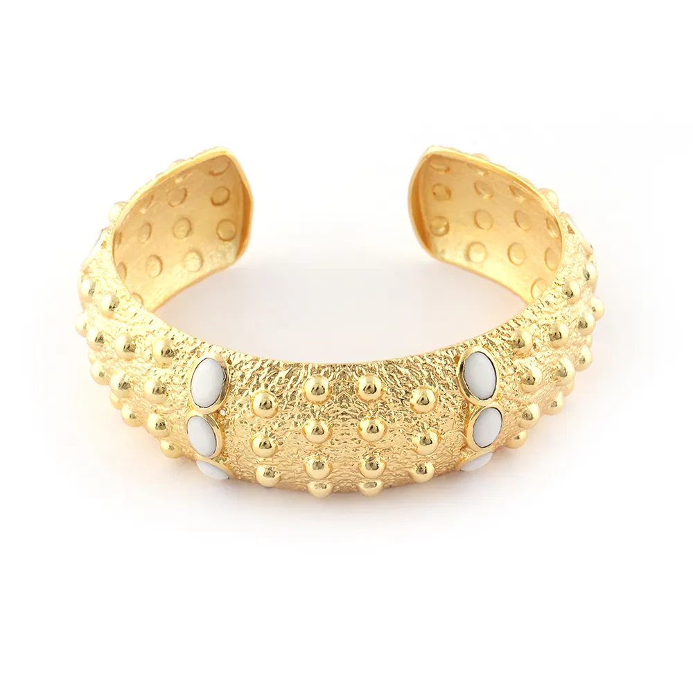 Gold Plated White Agate Druzy Gemstone Adjustable Bracelet | Oval Shape Gemstones Women Heavy Bangle Jewelry. Mode Joyas B-247