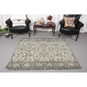 Tapis classique en laine bleu beige 4.7x5.6 pieds fait à la main Design patchwork rectangle turc pour salon chambre avec support en latex - Product Image 2