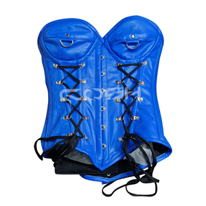 Corset personnalisé en cuir bleu à coupe arrondie, style punk rock, avec laçage frontal, corset fétichiste avec détails en anneaux et clous métalliques - Product Image 1