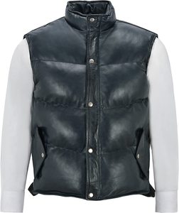 <b>Men's</b> Navy Puffer Leather <b>Vest</b> Casual Style with Stand Collar and Canvas Fabric Padded Lambskin Leather - Product Image 1