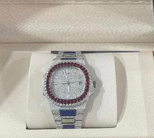 Montre-bracelet carrée de luxe de style hip-hop de sport antique pour hommes Iced Red Blue White Moissanite Diamond Studs Steel Case Band Analog - Product Image 5