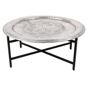 Table basse ronde marocaine classique et moderne, écologique, décorative pour la maison, en métal gravé à la main, meuble de salon - Product Image 2