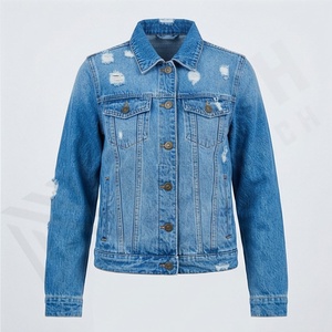Vestes courtes en denim délavé tendance européenne et américaine, coupe ajustée, couleur personnalisée, veste à bords bruts, trous, streetwear - Product Image 1