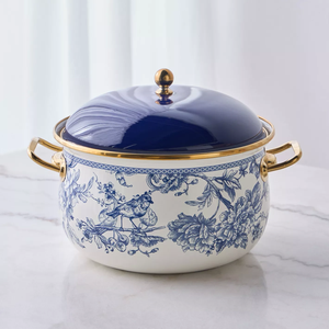 Blue White Floral Enamel Printed Durable Non-Stick Stainless Steel Hot Pot <b>Food</b> <b>Warmer</b> Premium Table Serving - Product Image 1