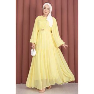 Vestido Amarillo de Gasa con Corte en A, Cinturón con Detalle Fruncido y Estilo Modesto - Product Image 1