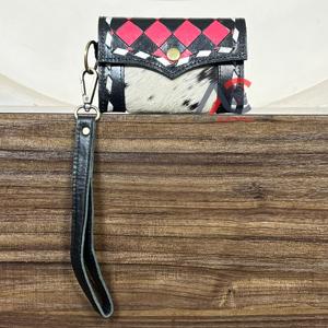 Monedero de Cuero Vacuno Hecho a Mano al por Mayor, Estilo Occidental, Patrón a Cuadros, Tarjetero con Anillo para Mujer - Product Image 1