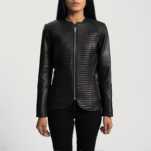 Veste en cuir matelassée noire pour femmes, col rond, fermeture éclair sur le devant, vêtements d'extérieur, style de couture horizontale, mode féminine - Product Image 1