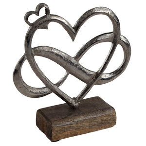 Ornement de maison en forme de cœur vintage sur base en bois de manguier, décorations en métal argenté en forme de cœur, sculpture pour cadeau d'anniversaire de mariage - Product Image 1