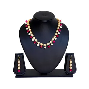Ensemble de bijoux de mariée plaqué or 18 carats, style vintage, perles rouges et blanches, collier pour mariages - Product Image 1