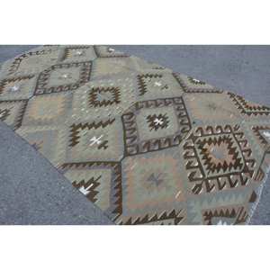 Tapis Kilim Turc Vintage 5.3 X 10.3ft Marron Gris Patchwork Design Plat Tissage Tressé Laine Jute Latex Couloir Rectangle - Product Image 4