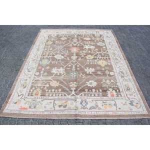 Vintage Turkish Rug, 7.9x9.8 ft Rug, <b>Brown</b> White Polka dot <b>Wool</b> Rug - Product Image 1