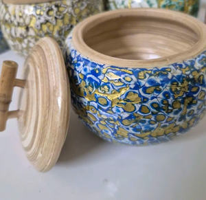 Pot en bambou, bambou tressé, pour thé, avec couvercle, pour décoration, incrustation de coquille d'œuf et de nacre, rangement, bonbons, aliments secs, pot en bambou, incrustation de nacre - Product Image 1