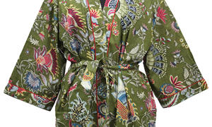 Kimono con estampado de Mukut de algodón 100% verde oscuro, bata de ducha envolvente de noche de verano ligera, bata de baño informal para dormir para Otoño e Invierno - Product Image 3