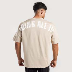 Men's Tone 100% Cotton <b>Short</b> <b>Sleeve</b> T-Shirt (Beige) 280g Jersey Knitted Breathable Vintage Street Oversized Letter Solid Logo - Product Image 1