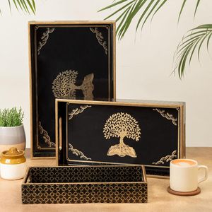 Plateau de service en bois avec gravure dorée, émaillé, imperméable, plateaux de service pour collations, dîner, petit-déjeuner, à vendre - Product Image 1