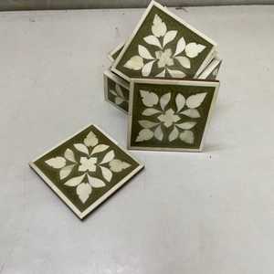 Dessous de verre carrés en noyer incrustés d'os de qualité supérieure Tapis de boisson décoratifs à motif vert et blanc pour la maison et le bureau - Product Image 4