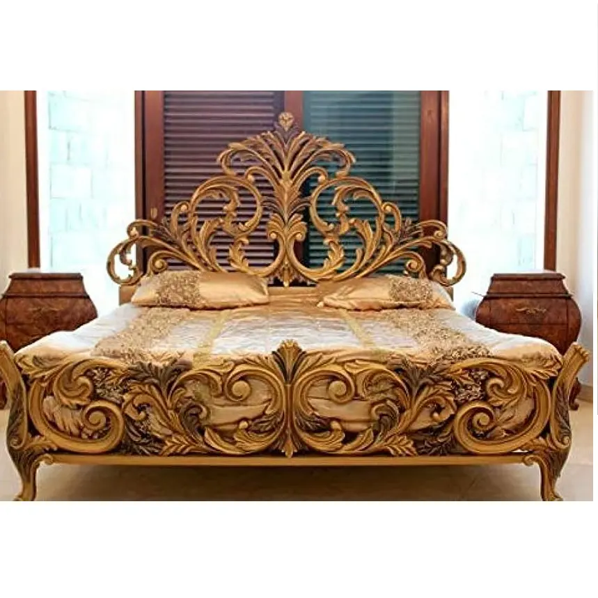 Furnitur kamar tidur ukiran mewah, kayu jati Set perabot kamar tidur kerajinan kayu ukuran Queen kamar tidur terjangkau ukuran King ukir seluruh