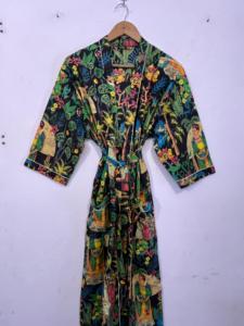 Nouvelle robe kimono en coton à motif avant, robe de bain à imprimé oiseau, robe longue bohème à enrouler - Product Image 3