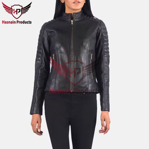 Chaqueta de cuero genuino negro para mujer, estilo motero, con mangas acanaladas, cuello alto, piel de oveja, bolsillos con cremallera, corte ajustado, prendas de abrigo personalizadas, nuevo estilo. - Product Image 2