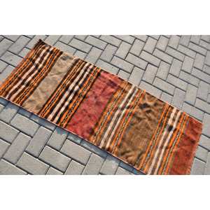 พรมสไตล์ตุรกีโบราณสไตล์ชนเผ่า1.9 x 5ft ทรงสี่เหลี่ยมผืนผ้าดีไซน์แบบเย็บปะติดปะต่อกันขนาดใหญ่ผ้าขนสัตว์ยางสีน้ำตาลส้มสำหรับโถงทางเดินห้อง - Product Image 4