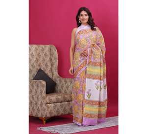 Sari estampado a mano de Malmal estilo Bollywood para mujer, algodón suave para festivales indios, fiestas de verano, ropa de fiesta de Pakistán - Product Image 1