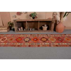 Tapis Kilim turc vintage 2,8x12.3 pieds rouge vert Patchwork laine Latex support Style classique pour entrée chambre 10mm d'épaisseur - Product Image 4