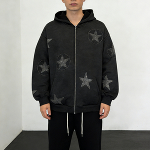 Vintage Men Customized Logo Oversized <b>Black</b> Hoodies Zip up Rhinestone Graphic Pocket <b>Fleece</b> Casual Streetwear Hoodies - Product Image 1