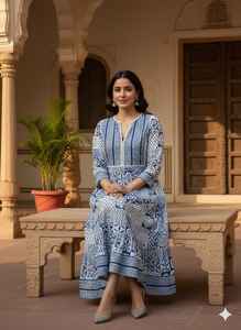 Robe Anarkali midi à imprimé floral bleu et blanc, Kurti indien traditionnel en coton, ethnique, évasée, lavable, décontractée pour femmes - Product Image 2