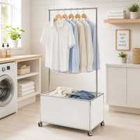 Porte-vêtements en métal blanc sur roulettes avec bac de rangement, organisateur modulaire pour chambre et buanderie, taille personnalisable, salle à manger